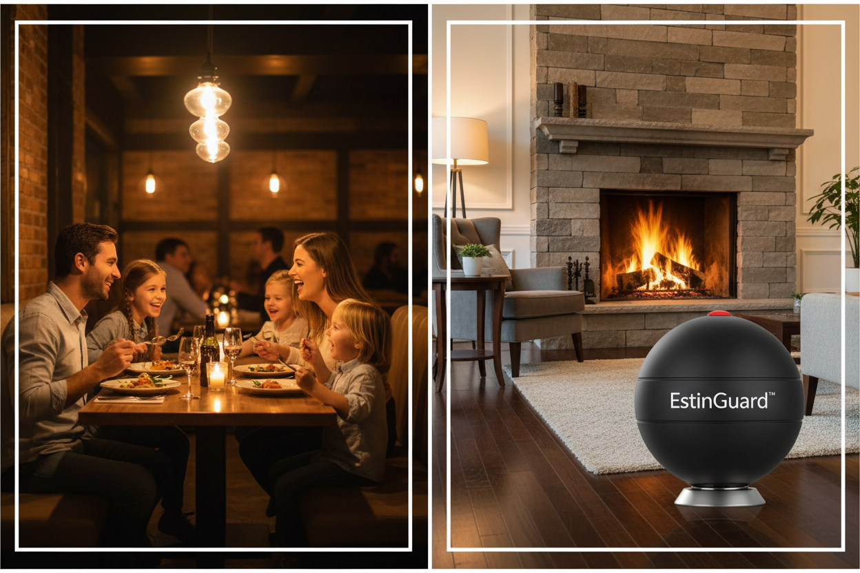 Sicurezza e affidabilità
•	progettati per l’uso in ambienti chiusi
•	materiali resistenti alle alte temperature
•	soluzioni conformi agli standard di sicurezza applicabili
Si deve vedere una famiglia felice al ristorante, e di fianco l'immagine del salotto con il camino accesso ed in primo piano la sfera nera con la scritta su fronte EstinGuard™